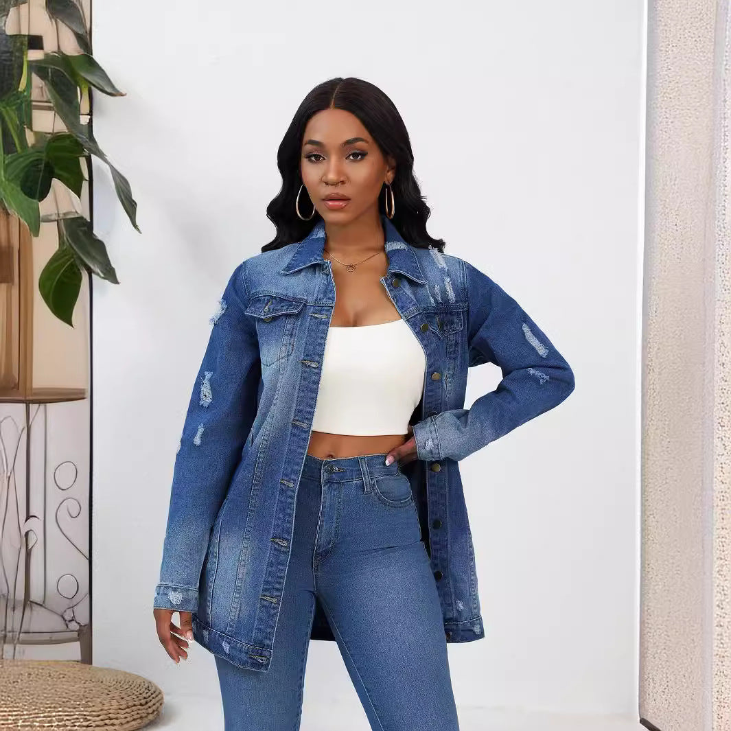 Dame afslappet denimjakke i moderne oversized snit med frynset accenter Stilla