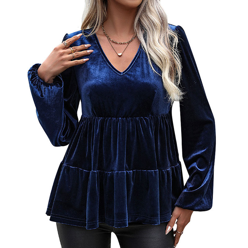 Dame Viskose Bluse med Volant og V-Udsnit Stilla