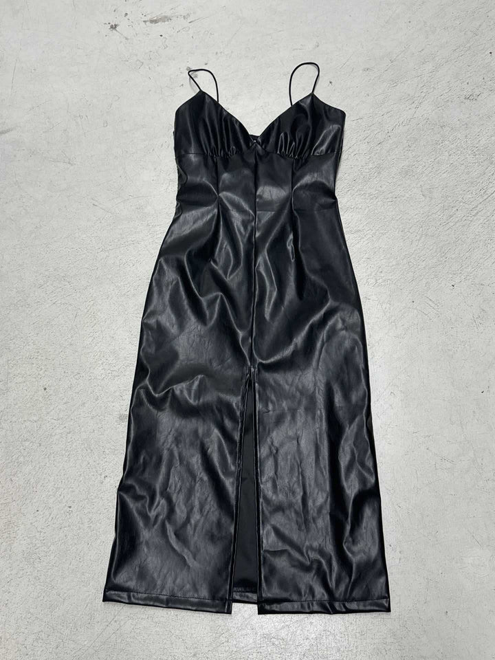 Dame elegant wrap dress lavet af kunstlæder med raffineret slids Skovae