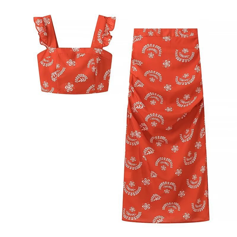 Dame Crop-top og Maxi-nederdel sæt med blomsterdesign og flæsedetaljer Stilla