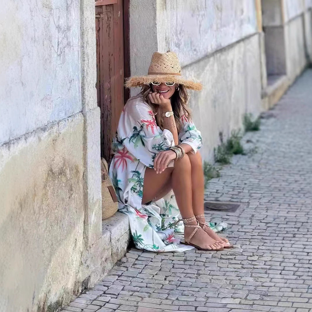 Dame Sommerlig Strandkimono med blomsterprint og afslappet snit Stilla