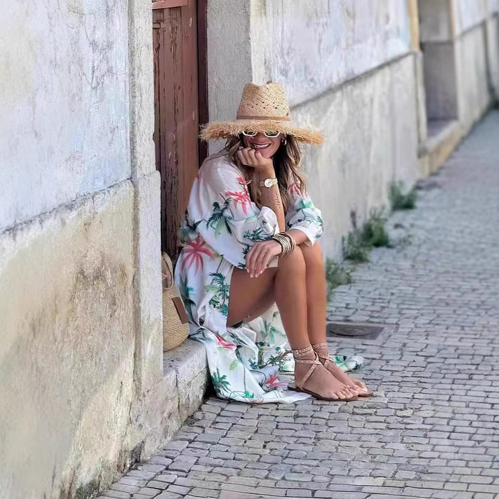 Dame Sommerlig Strandkimono med blomsterprint og afslappet snit Stilla