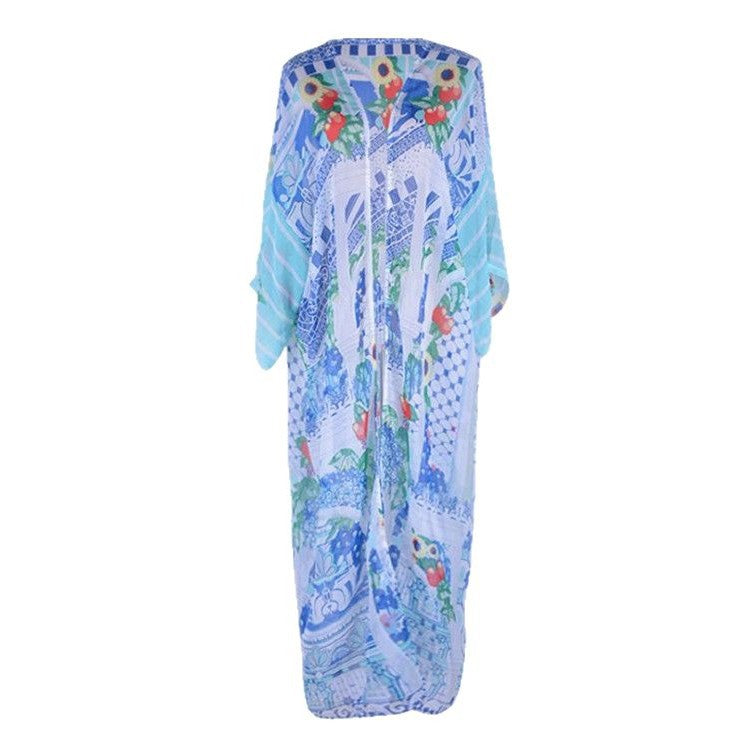 Dame Strandkimono med kunstnerisk patchwork-design og luftige ærmer Stilla