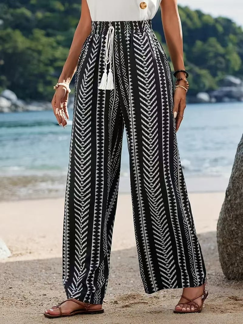 Dame Palazzo-bukser med elastisk talje og fashionable tribal-mønster Stilla