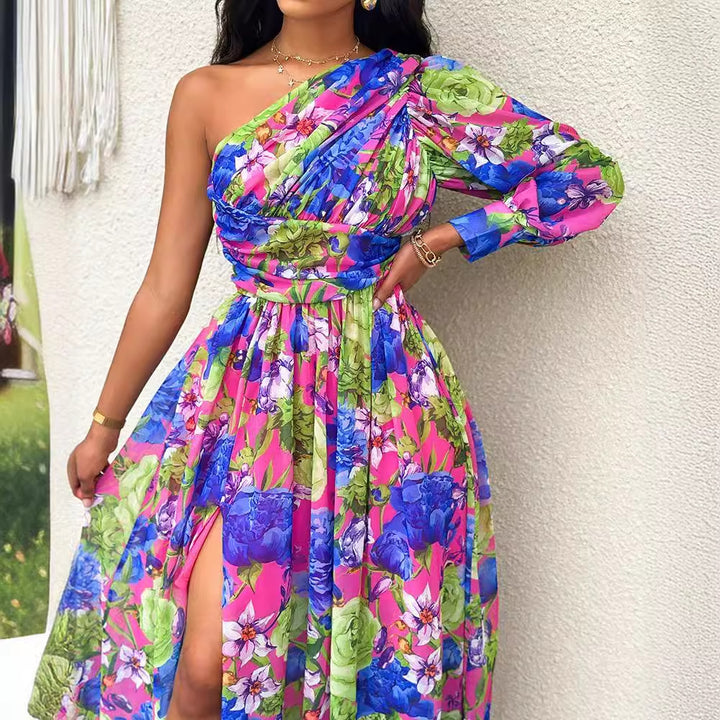 Femme En-skulder Floral Maxi Kjole med Sidesklog Stilla