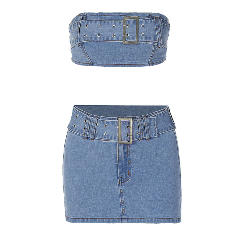 Dame Denim Crop Top og Miniskørt Ensemble med Bælte Detaljer Stilla