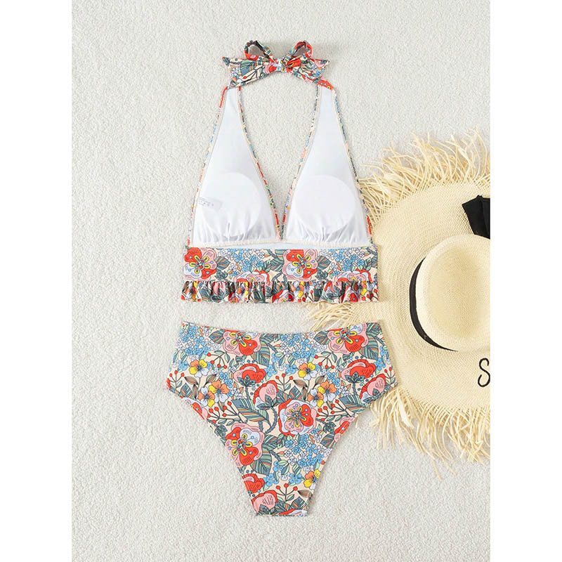 Dame triangel-bikini-sæt med blomster volangmønster og høj talje Stilla
