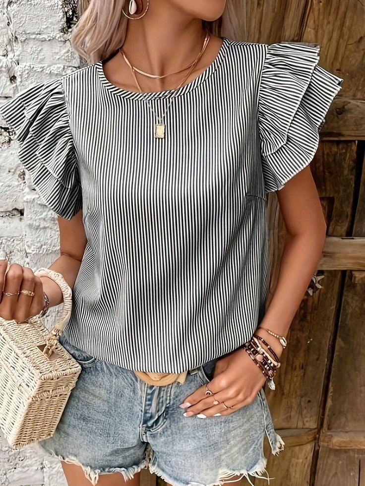Dame striped top with voluminous ruffle sleeves Stilla