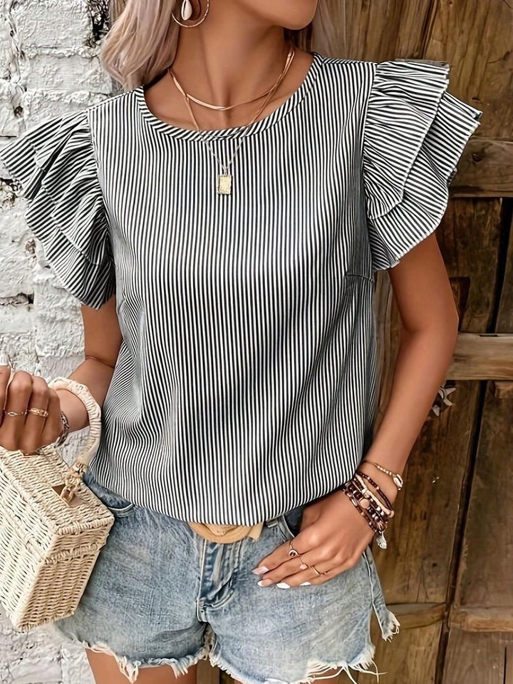 Dame striped top with voluminous ruffle sleeves Stilla