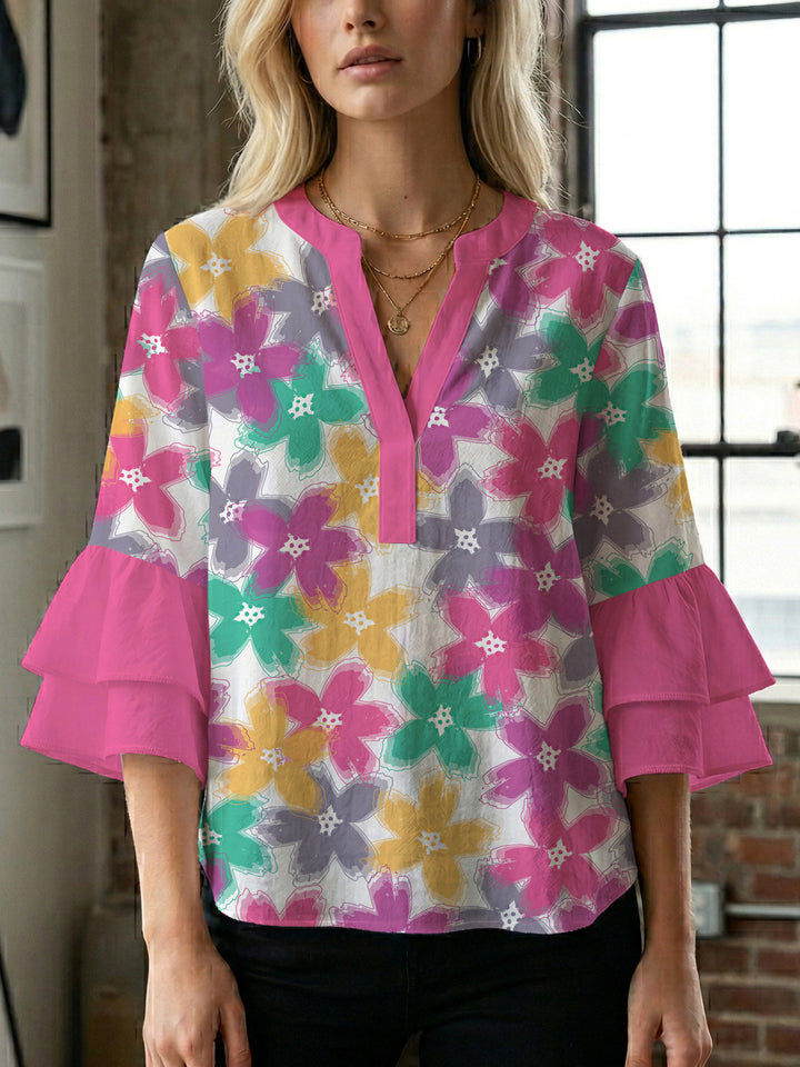 Dame skjorte med voluminøse ærmer og blomsterdesign Skovae