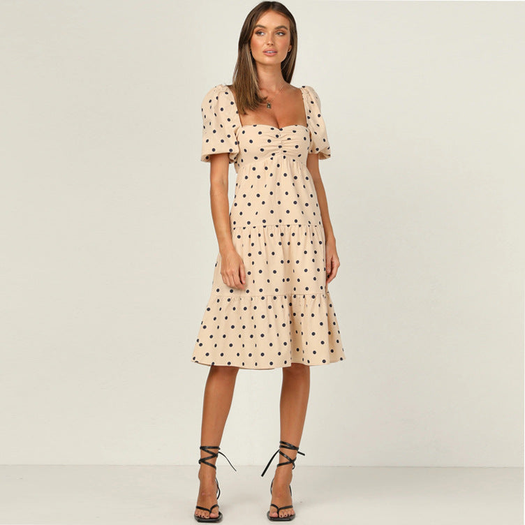 Dame Polka Dot Flydende Midi Kjole med Puffærmer og Flæsekant Stilla