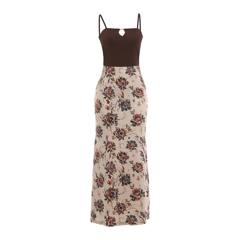 Damen Maxi-Kleid mit modischem Blumenmuster und schmalen Spaghettiträgern Skovae