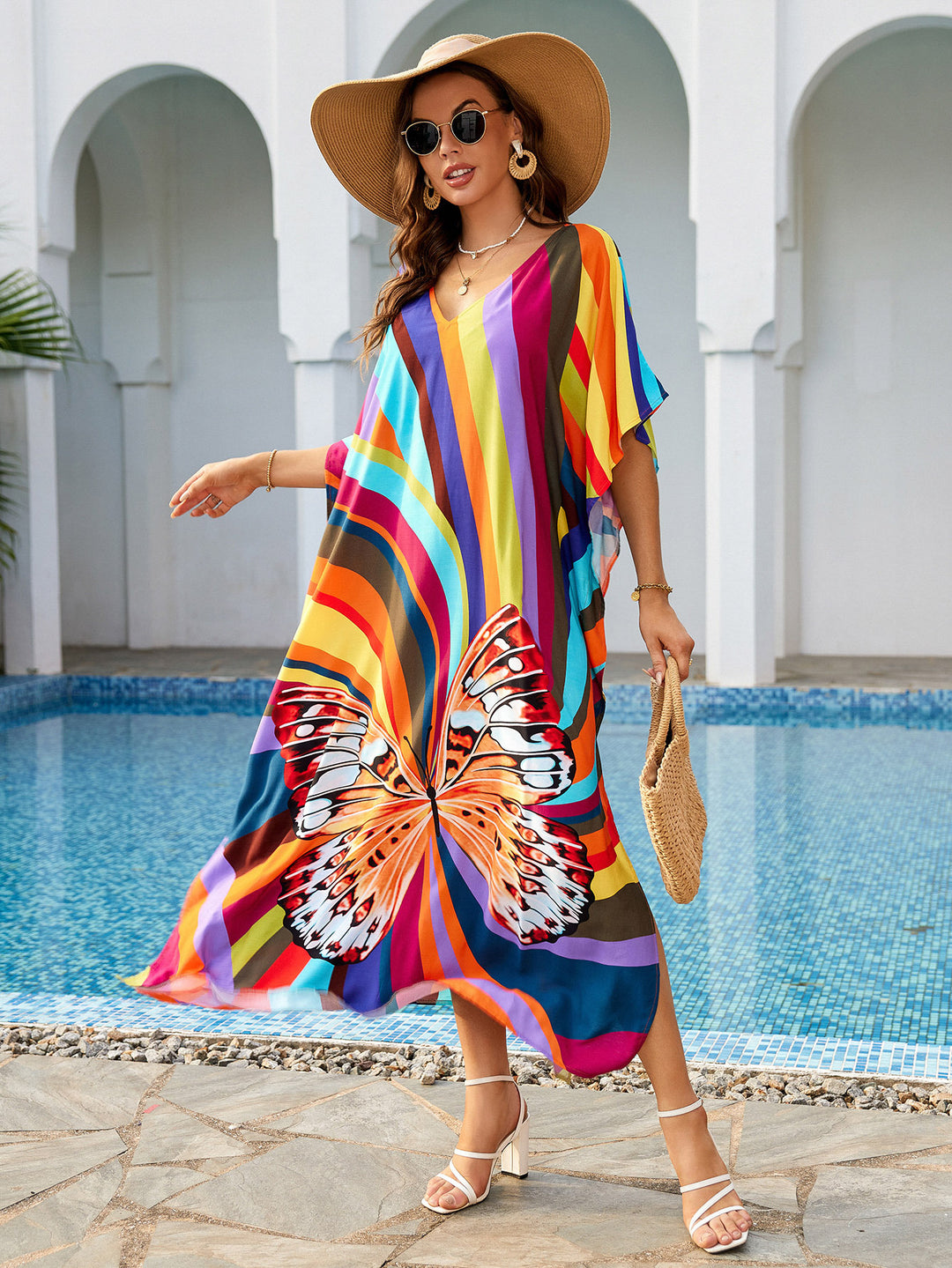 Dame Strandkaftan med iøjnefaldende sommerfugledesign Stilla