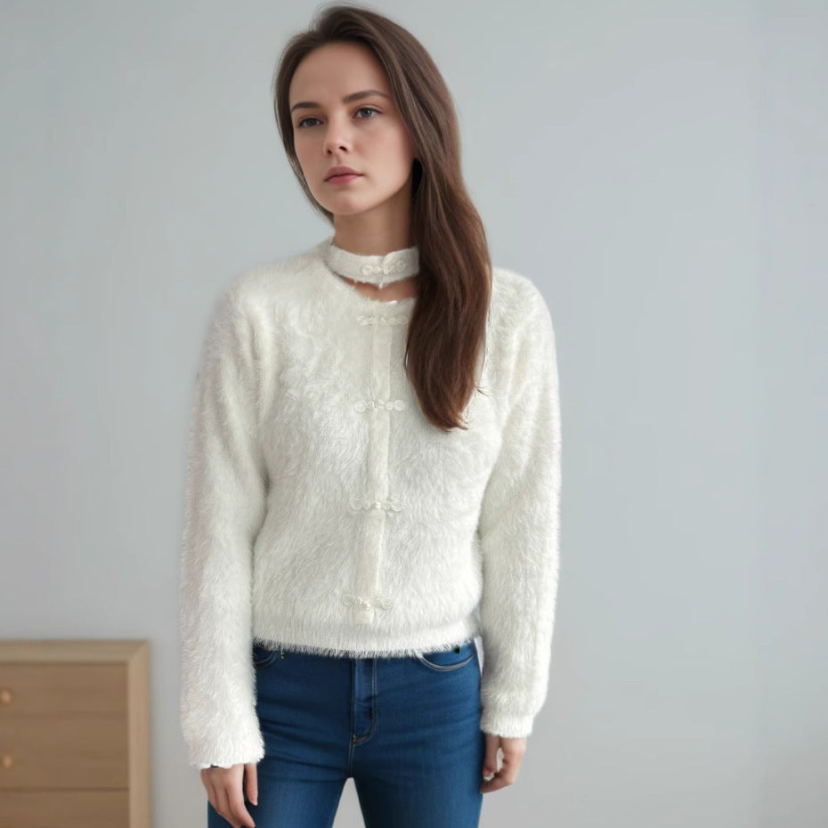 Kvinders krammevenlige sweater med høj krave og dekorative knapdetaljer Stilla