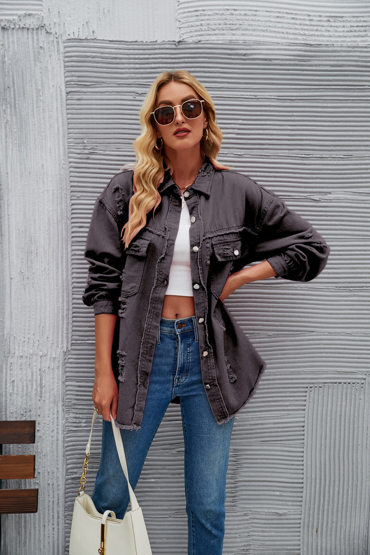 Dame Oversized Denim-Skjortejakke med frynse-detaljer Stilla