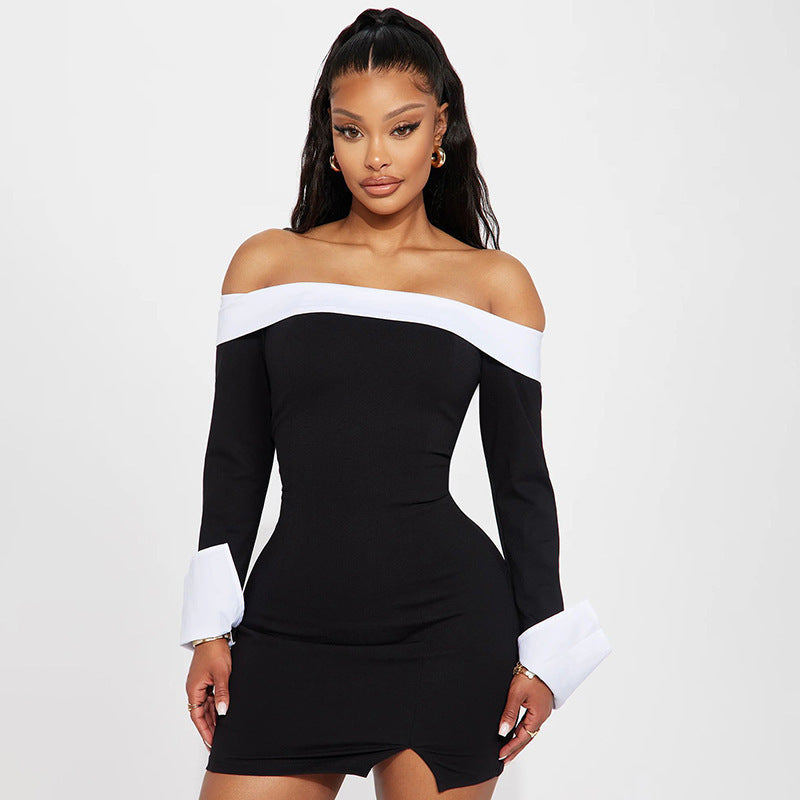Dame elegant Off-Shoulder-kjole med lange ærmer og kontrasterende manchetter Stilla