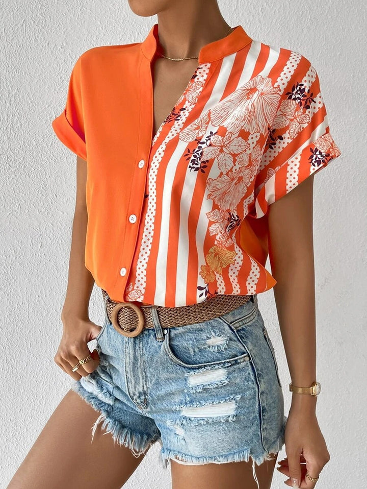 Dame stilfuld Button-Up-bluse med blomstertryk-patchwork Stilla
