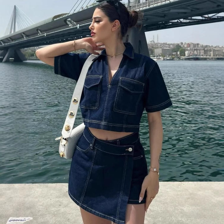 Dame moderigtigt denim kort top og nederdel sæt Skovae