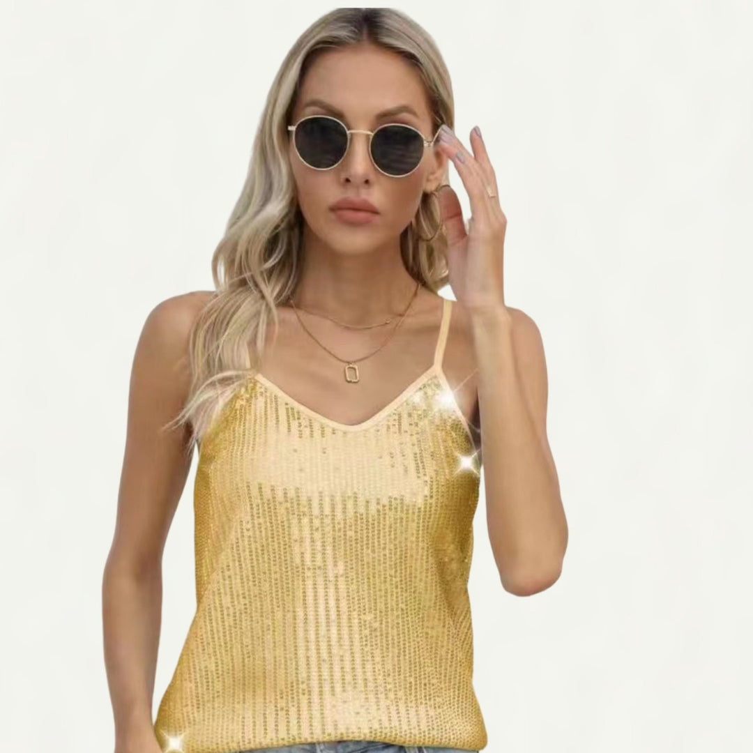 Dame glitrende spaghetti-stropbluse med glitrende tekstur og moderne snit Stilla