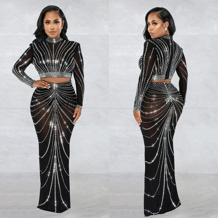 Dame Elegant Crop-Top og Maxi-Nederdel Sæt med glitrende Strass-dekorationer Stilla
