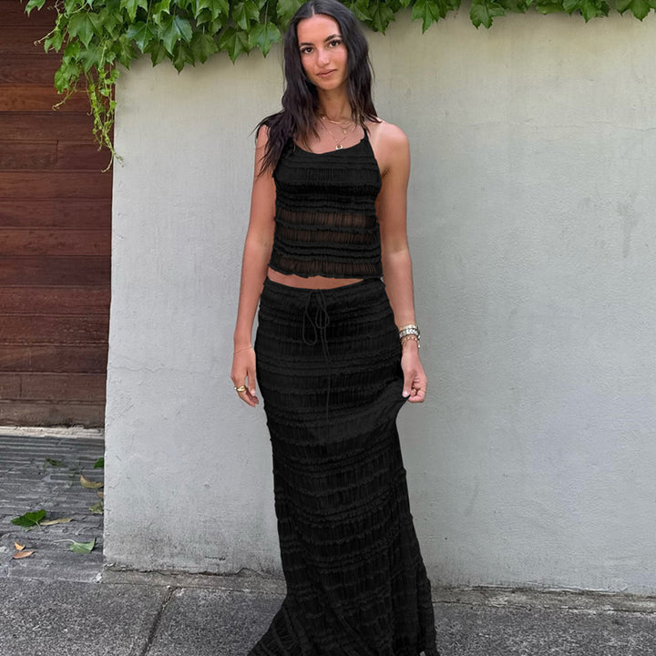 Dame maxikjole med off-shoulder design og rynker Skovae