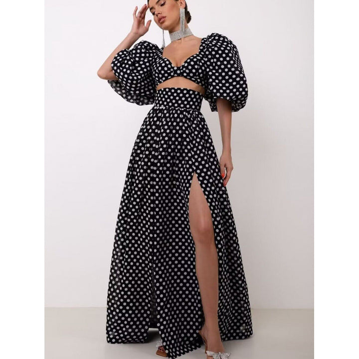 Femme Elegante Polka Dot To-dels Maxi Kjole med Puffærmer Stilla