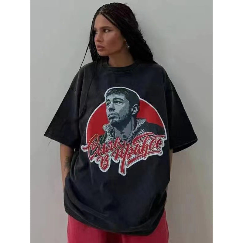 Dame Oversized T-shirt med kunstnerisk ansigtstryk og street-style skrifttype Stilla