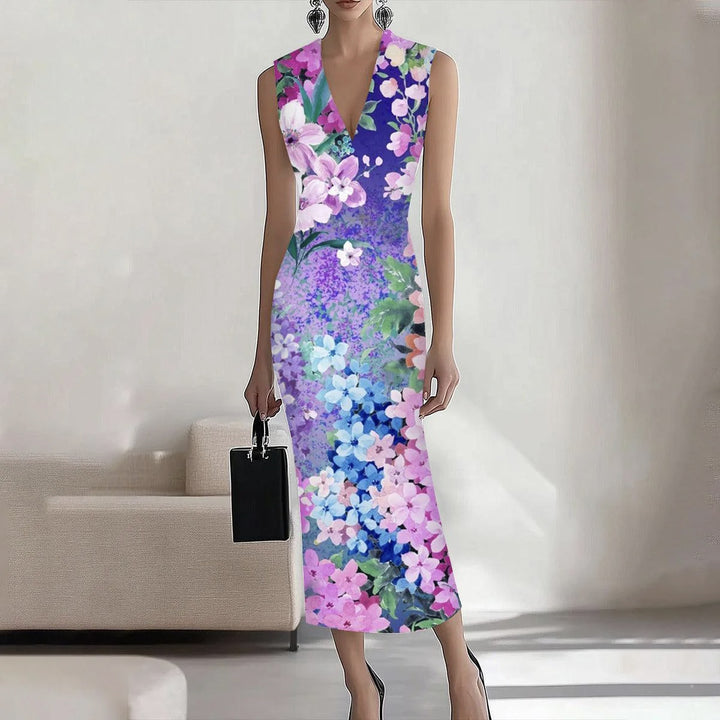 Dame V-Udskæring Ærmeløs Blomster Bodycon Kjole Stilla