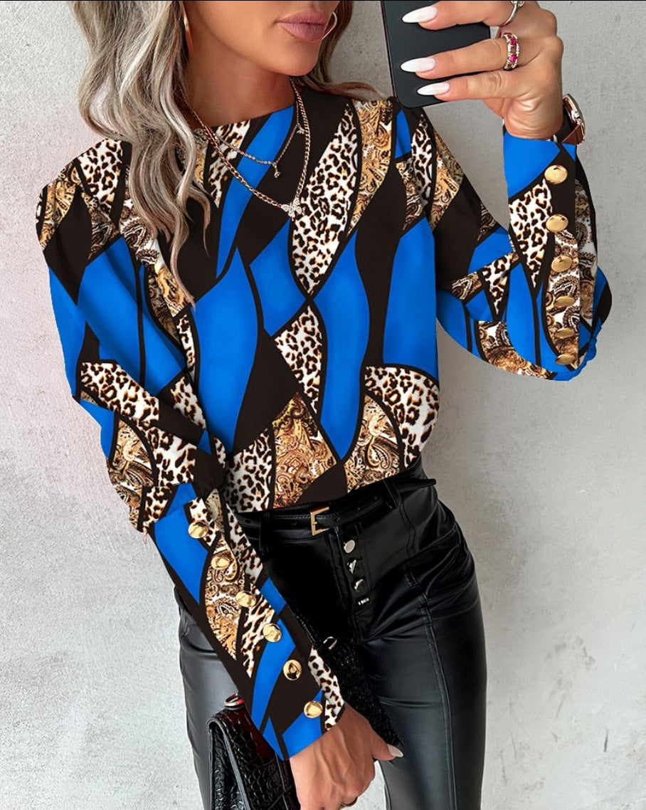 Dame Mode Bluse med unikt mønster og gyldne knapper Stilla