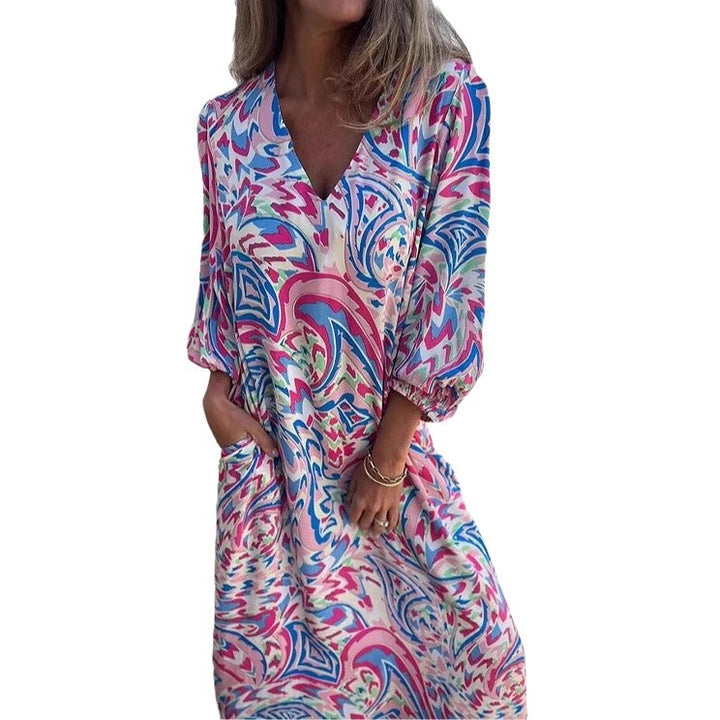 Dame luksus kaftan kjole med farverig grafiktryk og praktiske lommer Stilla