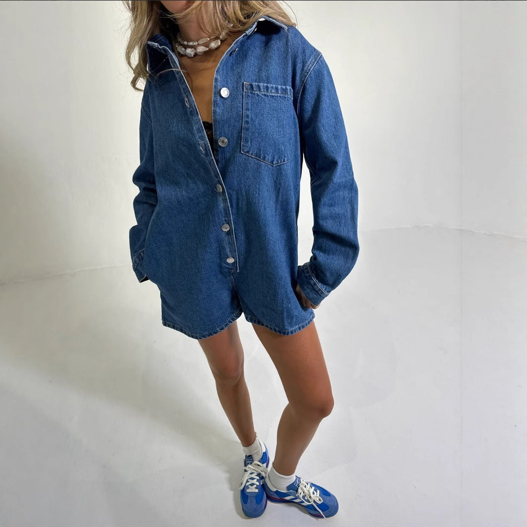 Dame Jeans-Overall med kort ærme og praktiske lommer Skovae