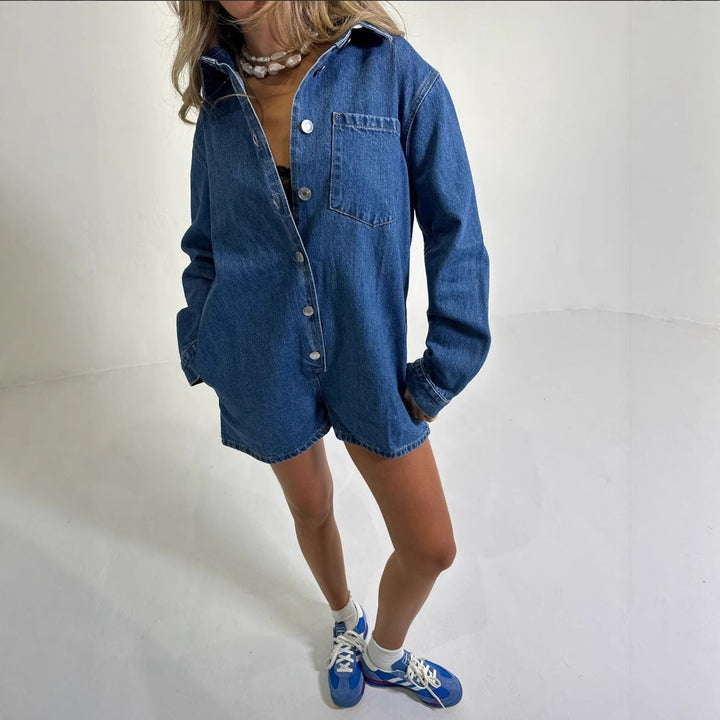 Dame Jeans-Overall med kort ærme og praktiske lommer Skovae