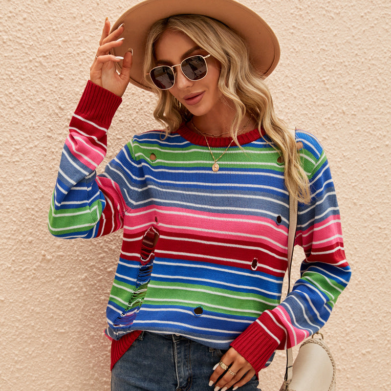 Dame strikpullover med trendy stribesstruktur og afslappet huldesign Stilla