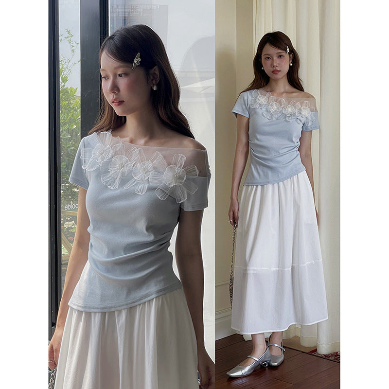 Dame Off-Shoulder-Bluse med blomster-spidsapplikationer og tætsiddende snit Stilla