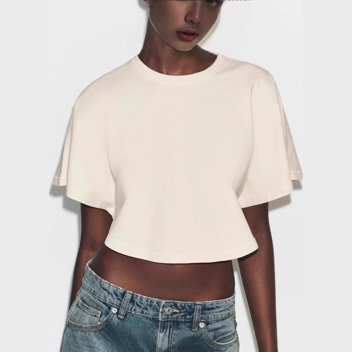Dame cropped T-shirt med bredt skårne ærmer og blødt bomuldsstof Skovae