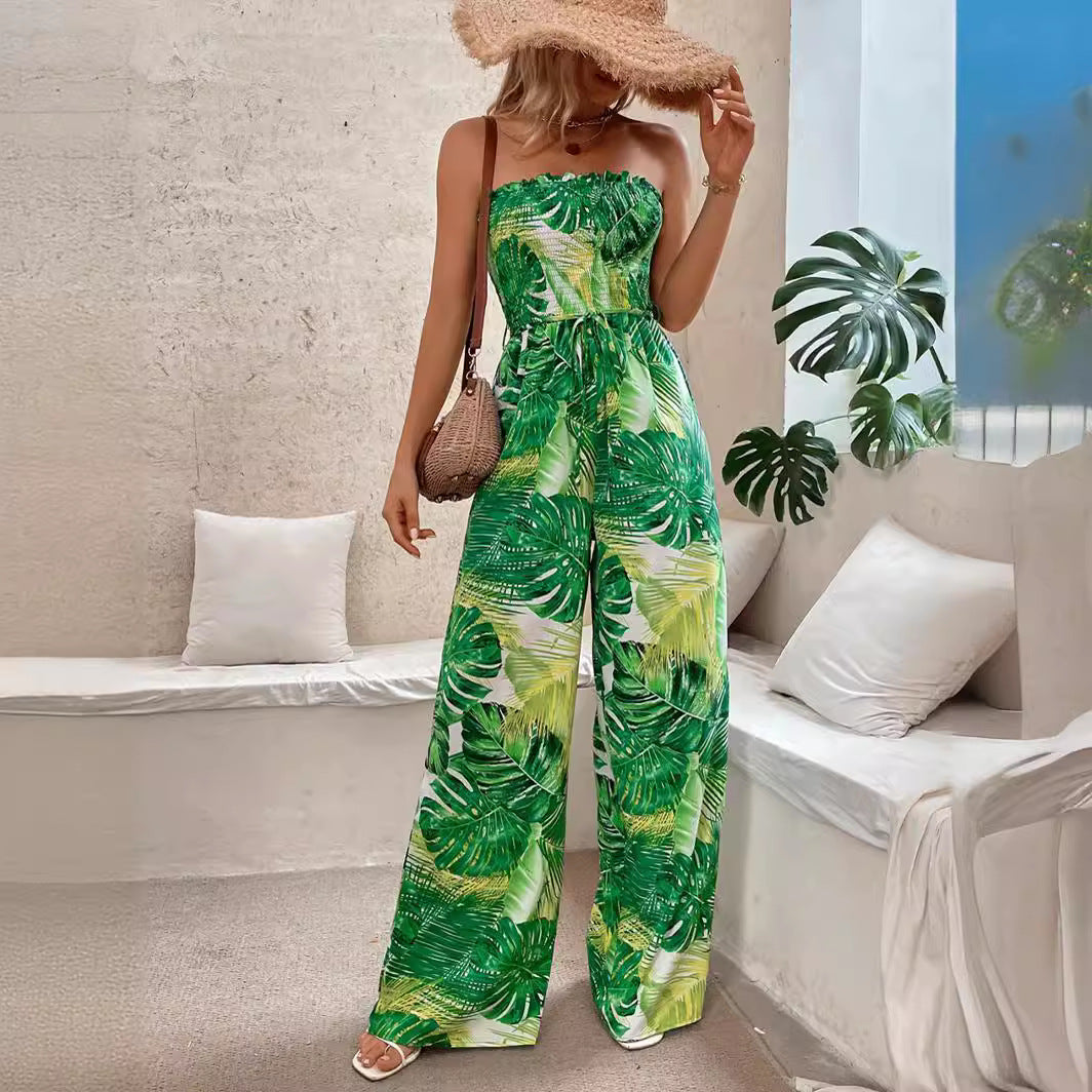 Damer Strapless Tropisk-print Bred-bukser Jumpsuit Stilla