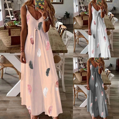 Dame Casual Slip Kjole med Bladtryk-Design Stilla