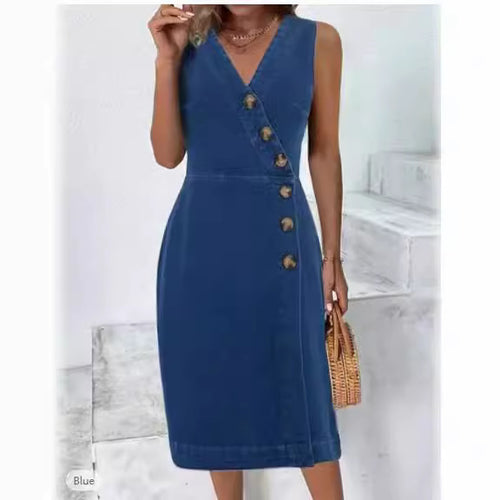 Dame Knaplukning Denim Midi Kjole Stilla