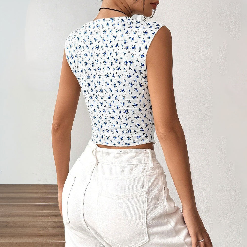 Dame moderigtig crop top med blomsterprint og samlingsdetaljer Stilla