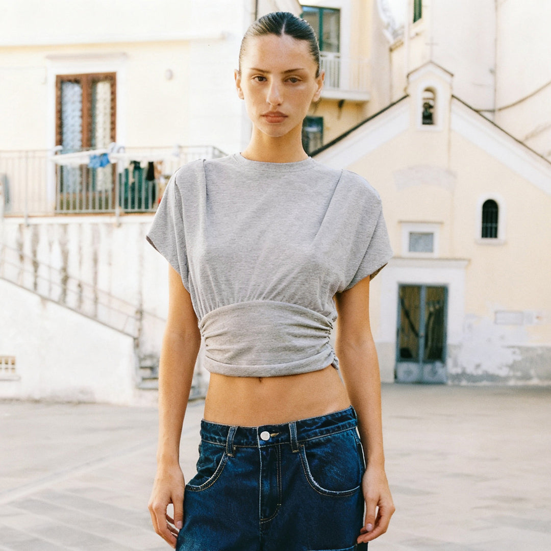 Dame casual oversized T-shirt med elastisk linning og rynkning Skovae