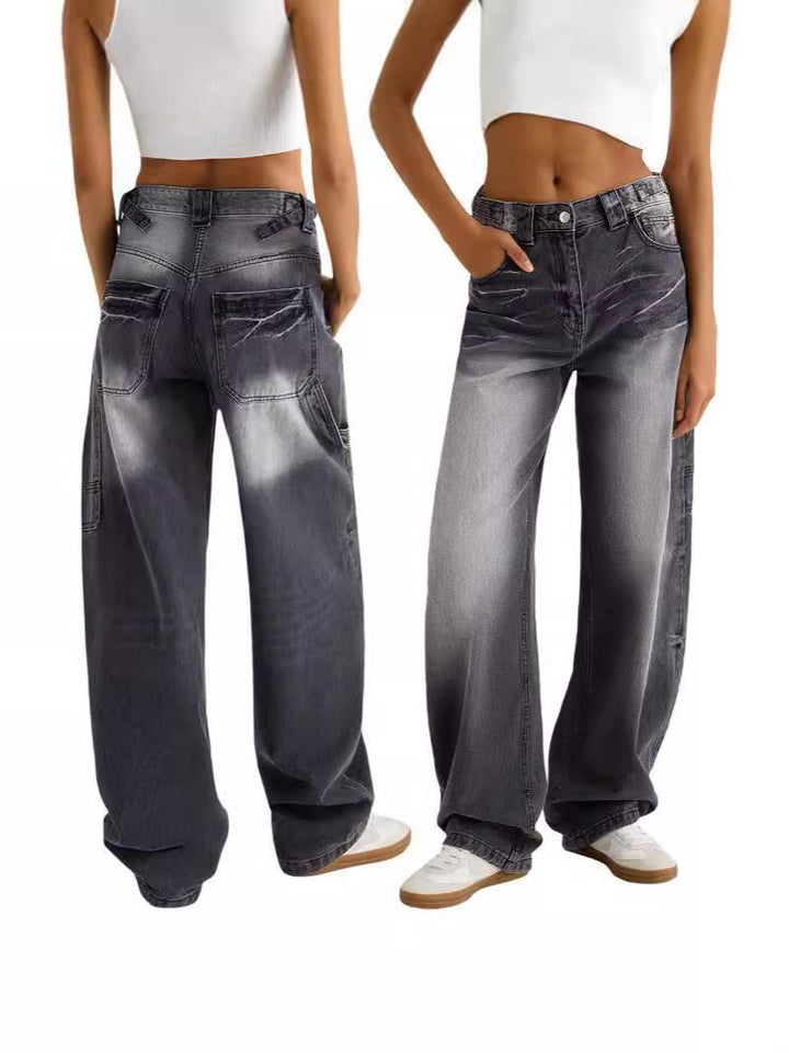 Dame baggy høj talje denim bukser med praktiske lommer Stilla