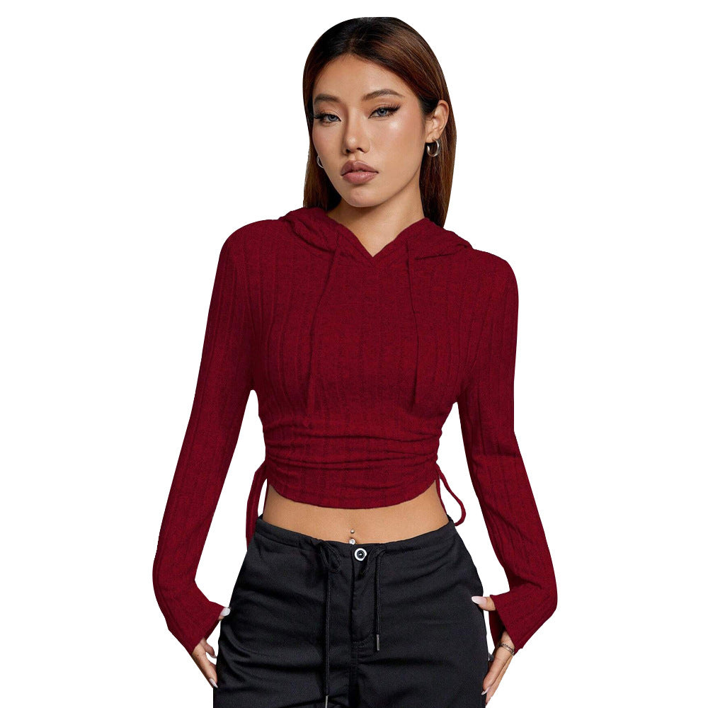 Kvinders cropped hoodie med lange ærmer og elegant rib mønster Stilla