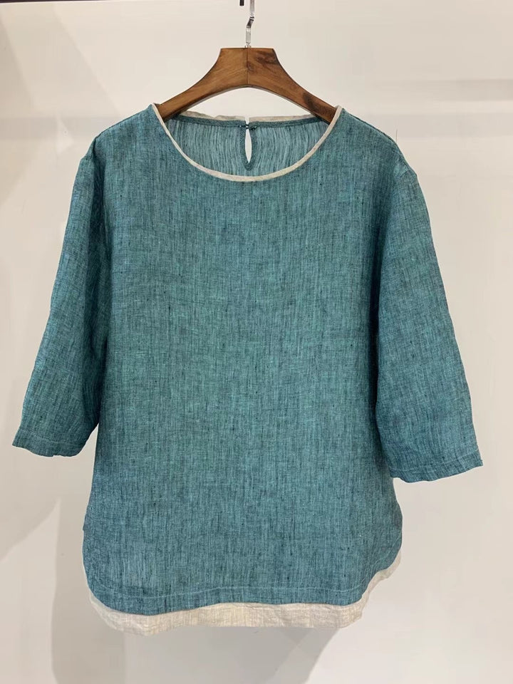 Femme Elegante Linned blouse med trekvartærmer Stilla