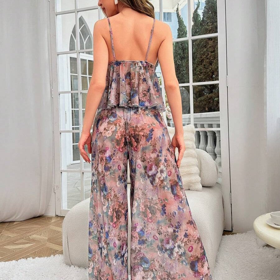 Dame Blomsterdesign Chiffon Top og Bukser Sæt Stilla
