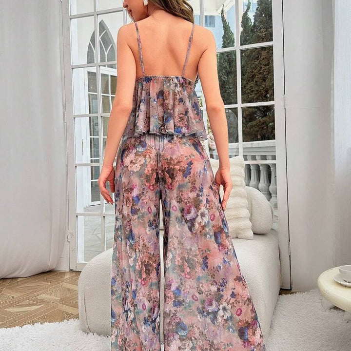 Dame Blomsterdesign Chiffon Top og Bukser Sæt Stilla