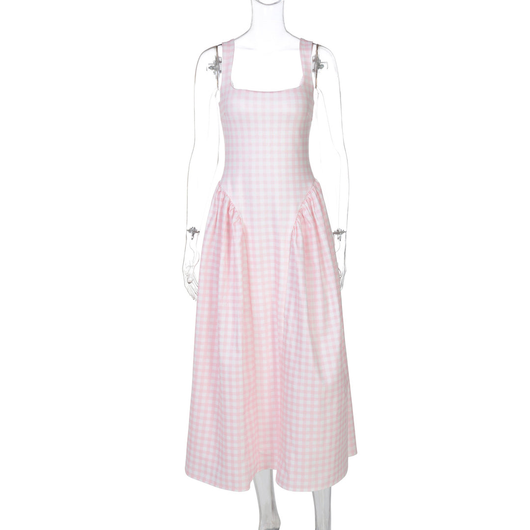 Dame sommerligt maxikjole med ternet design og sidelange draperingselementer Skovae