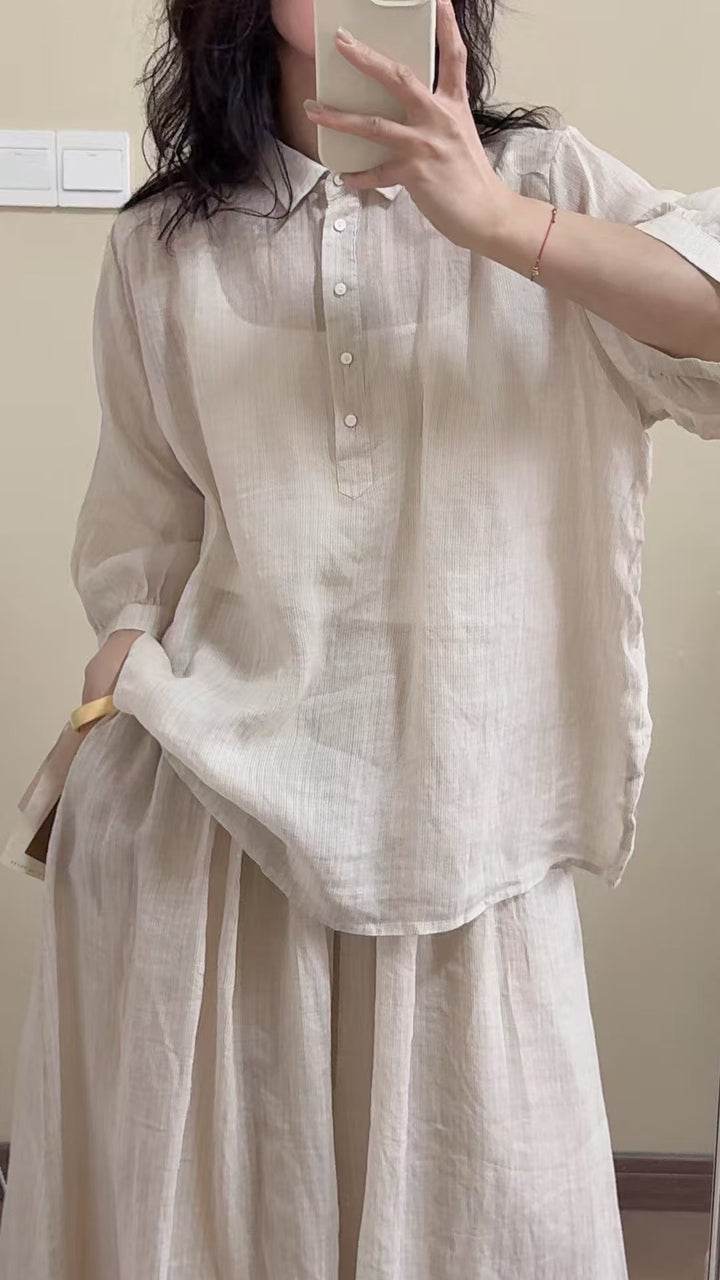 Femme Klassisk Linned Knap-Bluse Stilla