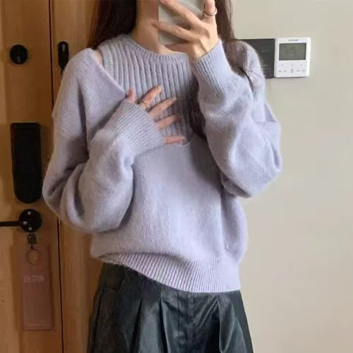Dame sweater med dyb V-hals og fin rib struktur Stilla