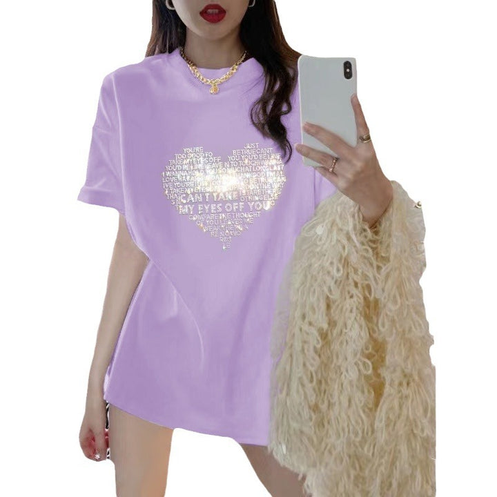 Dame T-shirt med glitrende hjerte motiv og romantisk skrifttype Stilla