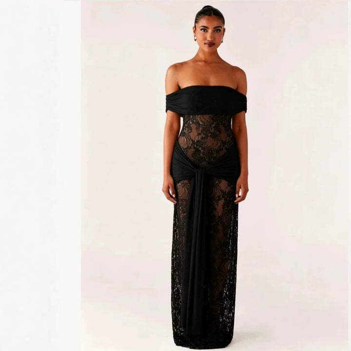 Dame Elegant draperet spidskjole med off-shoulder design Skovae